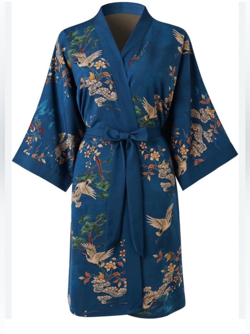 Ledamon Asian Inspired Crane Floral Foliage‎ Print Kimono Robe OS Women’s Belted
